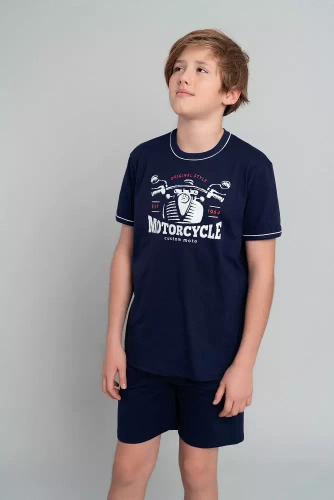 Pijama cu mânecă scurtă pentru băieți Gibson, pantaloni Italian Fashion - albastru marin