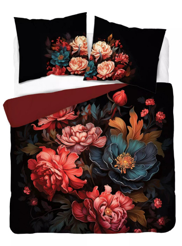 Set de lenjerie de pat 5116 A Holland Detexpol din bumbac, negru cu motiv de bujor – 100% bumbac, față-verso, producție poloneză