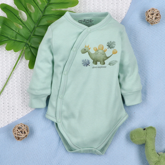 Body plic ABN-5563 Dino Explorer Nini Mentă | Bumbac organic pentru nou-născuți