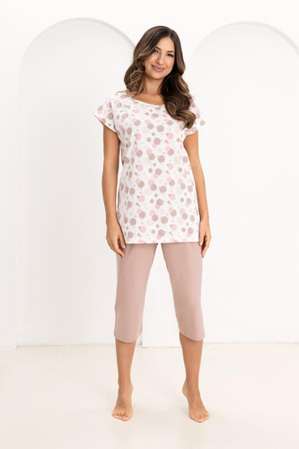 Pijama Damă Regina 730 din 100% Bumbac – Tricou cu Buline Colorate, Mânecă Scurtă, Pantaloni 3/4, Confort de Vară