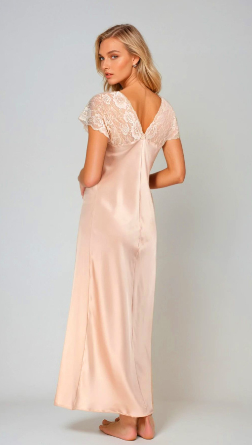 Mactan satin slip by Kalimo - cămașă de noapte lungă cu dantelă, nude 