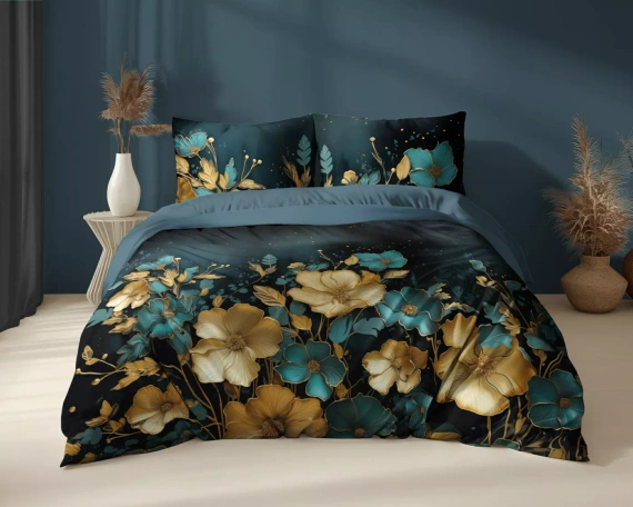 Set de lenjerie de pat din bumbac 5118 A Holland Detexpol, auriu închis și flori turcoaz – 100% bumbac, față-verso, producție poloneză