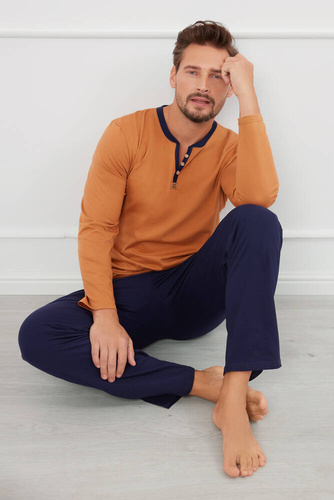 Julius Pijama cu mânecă lungă pentru bărbați, pantaloni lungi Italian Fashion - coniac/verde