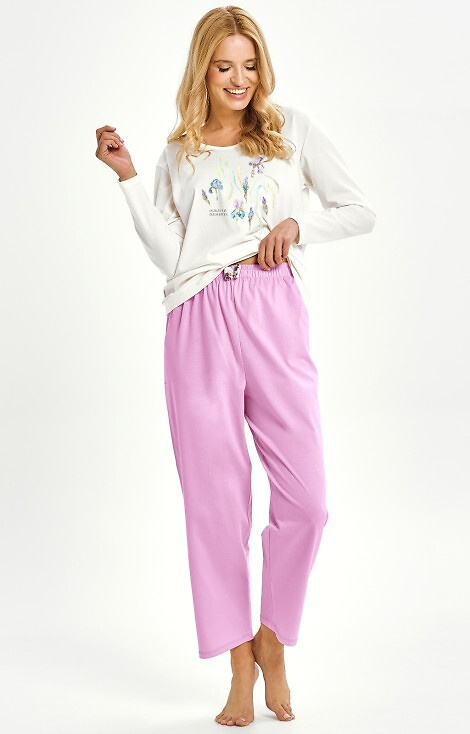 3459 Monica Pijamale dama Taro crem – 100% bumbac, maneci lungi, imprimeu floral