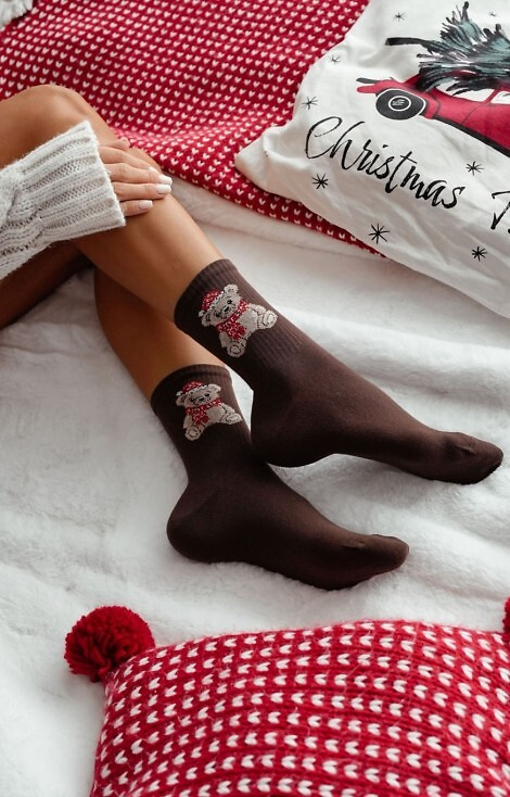 1283-031 Șosete de damă Milena maro - ursuleț de Crăciun, bumbac
