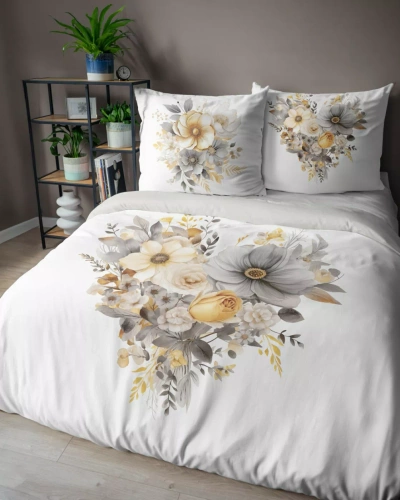 Set de lenjerie de pat 5125 A Holland Detexpol din bumbac, alb cu o inimă florală bej și gri – 100% bumbac, față-verso, producție poloneză