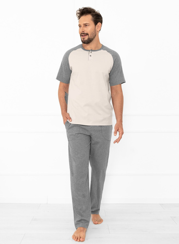 Pijama pentru bărbați Alexander Italian Fashion bej - bumbac, tricou polo și pantaloni