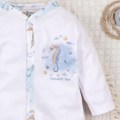 ABN-5451 Salopetă pentru bebeluși Sea Of Joy Nini alb – bumbac organic, închidere cu capse