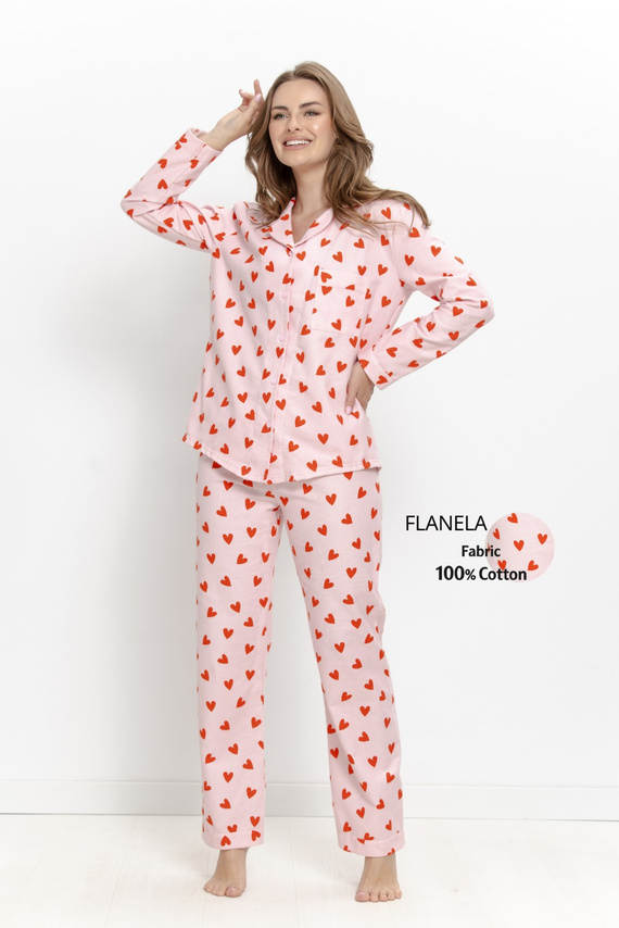 Pijamale damă Taro Sorella 3628 din flanel, 100% bumbac, cu nasturi, model cu inimioare