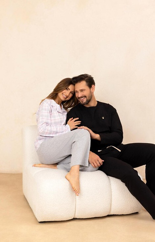 Pijamale damă 727 Regina Gri - 100% bumbac, în carouri, cămașă cu nasturi