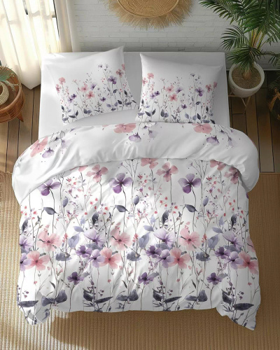5773 B Lenjerie de pat din bumbac Cotton Bloom Detexpol, albă cu flori sălbatice roz și violet – 100% bumbac, față-verso, producție poloneză