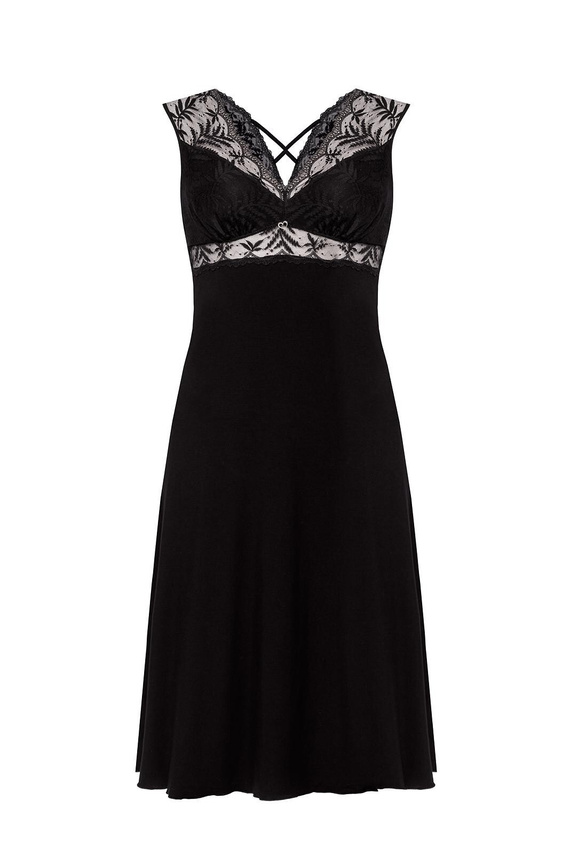Cămașă de noapte neagră Petra KM29 Mefemi by Nipplex – viscoză, dantelă, lungime până la gambă