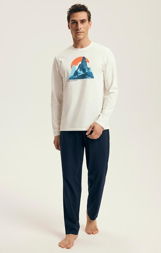 43475 Set de pijamale Loji pentru bărbați Henderson Core, alb - bumbac cu imprimeu de munte