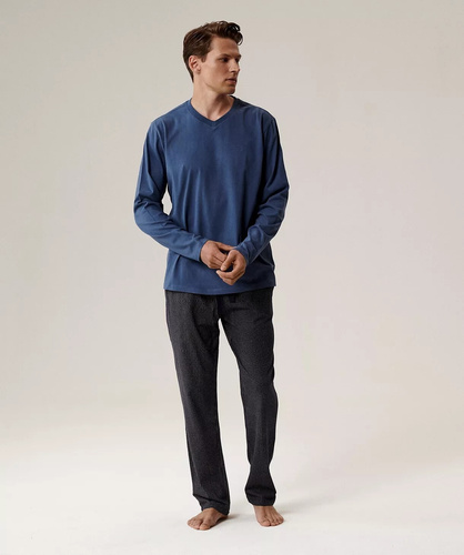 Pijamale bărbătești NMP-389 Atlantic – bumbac albastru, mâneci lungi, set elegant pentru nopți reci