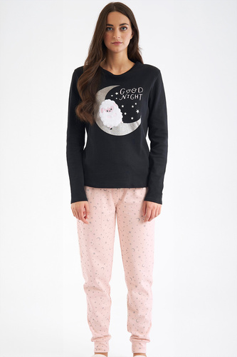 Pijamale dama Shearly Sorbetto neagra - 100% bumbac, aplicare 3D, pantaloni cu mansete