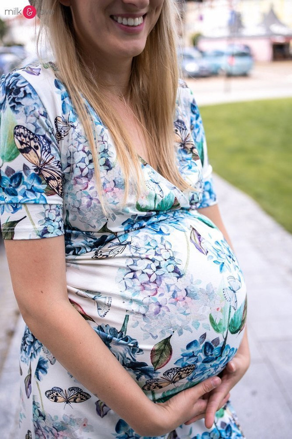 Sukienka ciążowa i do karmienia Two Ways LONG Milk&Love miętowa w magnolie i ptaki