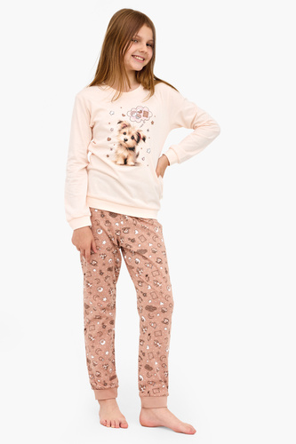 592/193 Sweet Dog Cornette – pijamale ecru pentru fete, 100% bumbac, câine