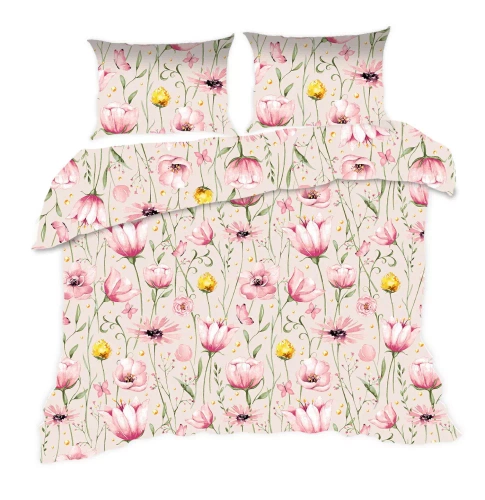 Set de lenjerie de pat din bumbac 1744N Classic E24 Karo flowers, bej pudră – 100% bumbac, rezistent, colorat, set de 2 piese