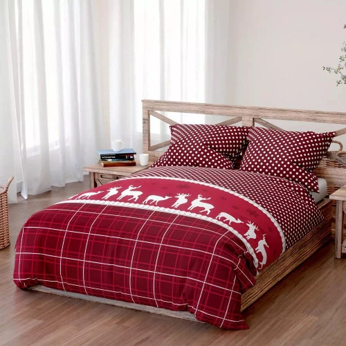 Set de lenjerie de pat de Crăciun din bumbac 1A de la Spod Igły i Nitki – carouri roșii cu buline, set cu fermoar, 100% bumbac