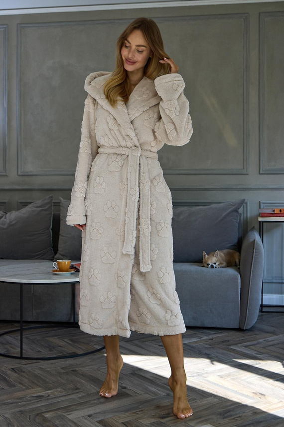 L&L Fibi 2635 Halat de damă lung cu glugă, moale, model lăbuțe de câine - angora
