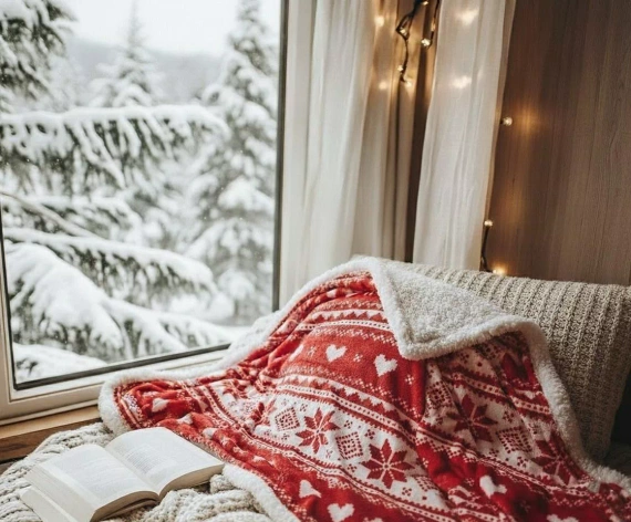 Pătură de Crăciun SACO roșie – moale și călduroasă cu model norvegian de zăpadă de zăpadă, într-o pungă decorativă