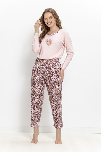 Pijamale damă Taro Pinki 3622, 100% bumbac, lungă, pudrată cu imprimeu leopard