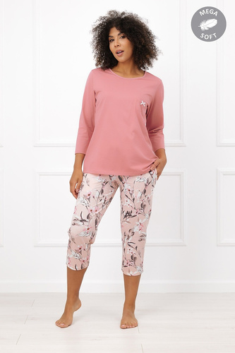 Italian Fashion Kafelia Pijamale damă Mega Soft 3/4 cu flori și buzunar