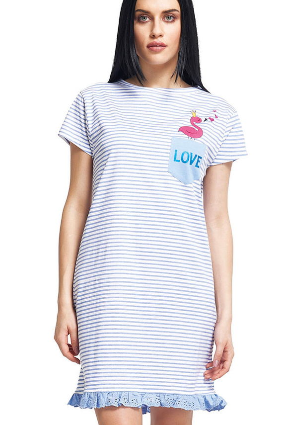 Cămașă de noapte Oxxana Blue – 100% bumbac, dungi și volane