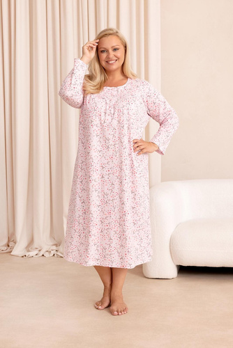 Cămașă de noapte Regina 021 100% bumbac mânecă lungă model floral - roz