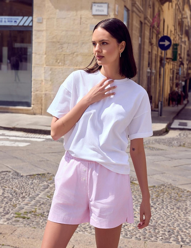 Pijama damă Liora alb-roz din bumbac și in cu pantaloni scurți comozi