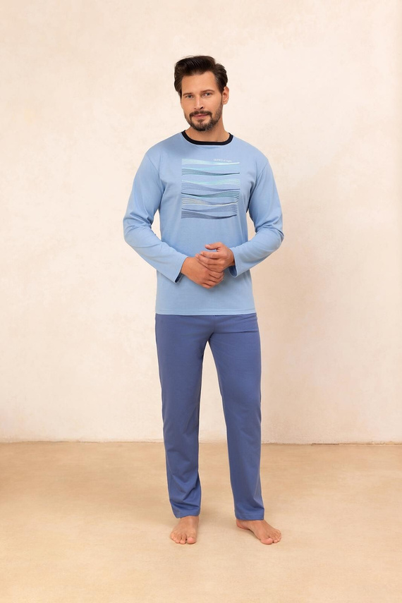 Regina 492 albastru – pijamale bărbați din bumbac cu mâneci lungi, croială clasică