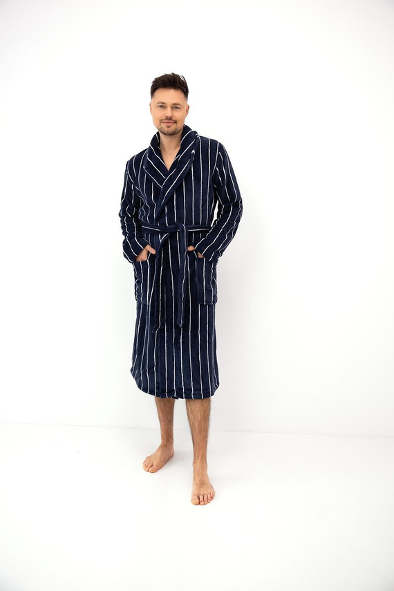 Sensis Leon bleumarin halat lung de baie pentru bărbați cu dungi și guler