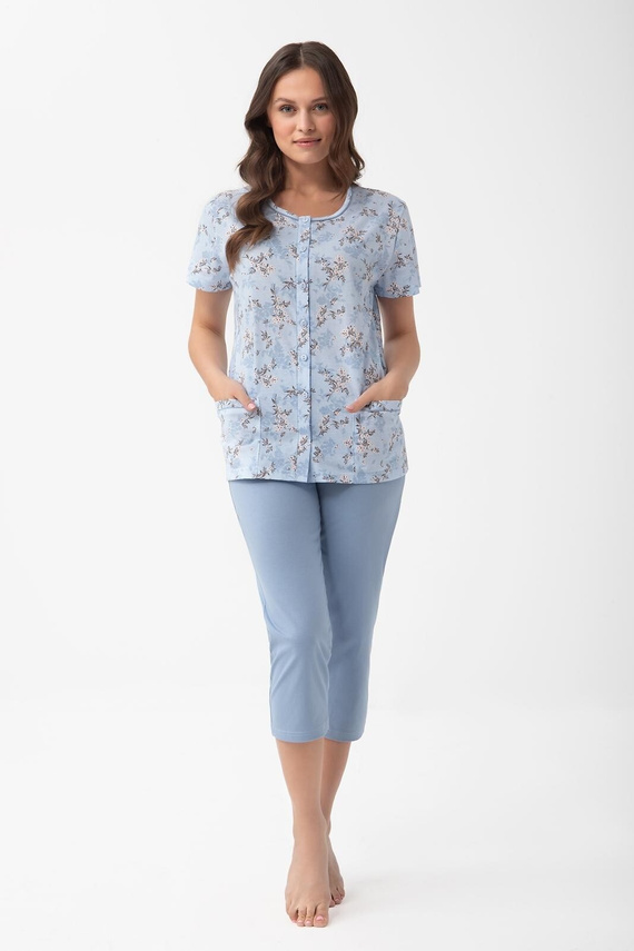 Pijama damă Luna 1304 din bumbac cu nasturi și pantaloni 3/4