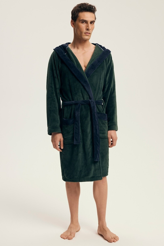 Halat de baie Henderson 43377 Natch Green pentru bărbați - Glugă, Tricotaje călduroase, Confort și Eleganță