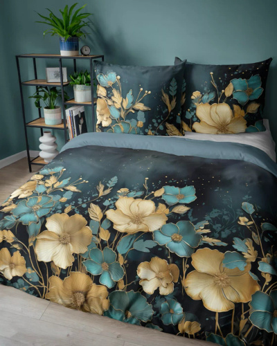 Set de lenjerie de pat din bumbac 5118 A Holland Detexpol, auriu închis și flori turcoaz – 100% bumbac, față-verso, producție poloneză