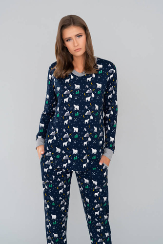 Ava Ladies' pijama cu mânecă lungă și pantaloni Italian Fashion - imprimeu albastru marin