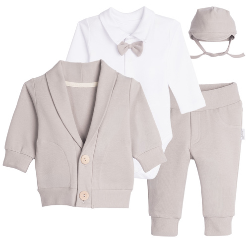 Komplet pentru botez Nicol 169409, 4 piese: body, papion, bluză, pantaloni și căciulă