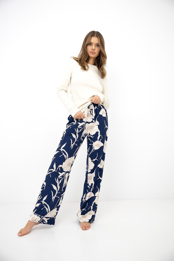 Sensis Azelia Pijamale damă din bumbac ecru cu pantaloni lungi și imprimeu floral