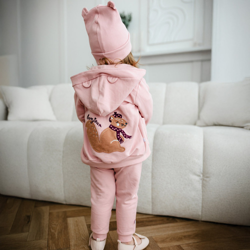 Set trening roz Fluffy Tails - Hanorac cu urechi și broderie + Pantaloni cu șnururi