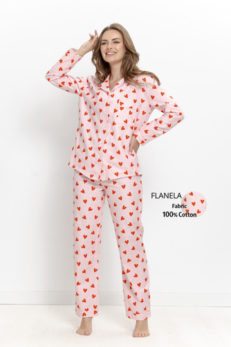 Pijamale damă Taro Sorella 3628 din flanel, 100% bumbac, cu nasturi, model cu inimioare