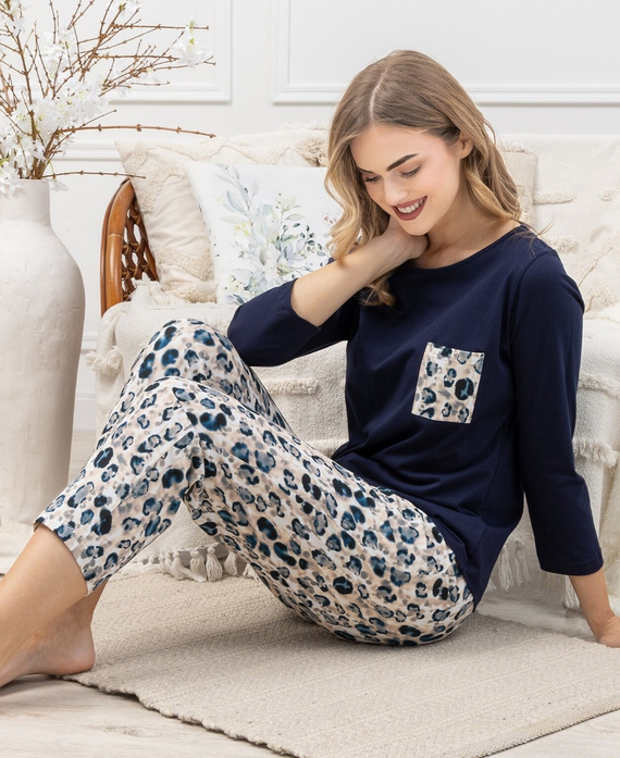 Pijamale dama Leveza Wiktoria 1664 - bumbac, bleumarin, maneci lungi