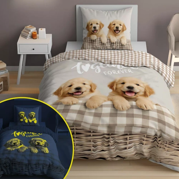 5553 A Fluo 95 Lenjerie de pat strălucesc în întuneric Câini împreună pentru totdeauna | 100% bumbac | Pentru copii Detexpol