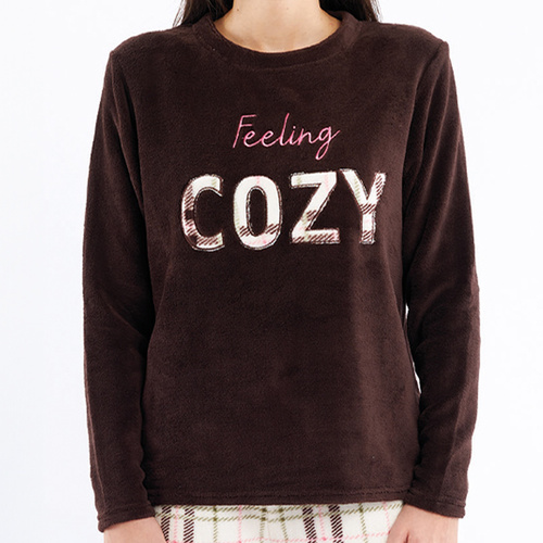 Pijamale Liliana Sorbetto maro – fleece călduros cu model în carouri și broderie