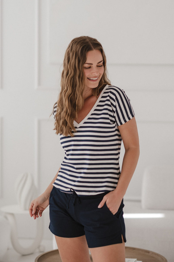 Bluză reversabilă de maternitate și alăptare Two Ways | Mânecă scurtă, confortabilă Milk&Love bleumarin și dungi albe