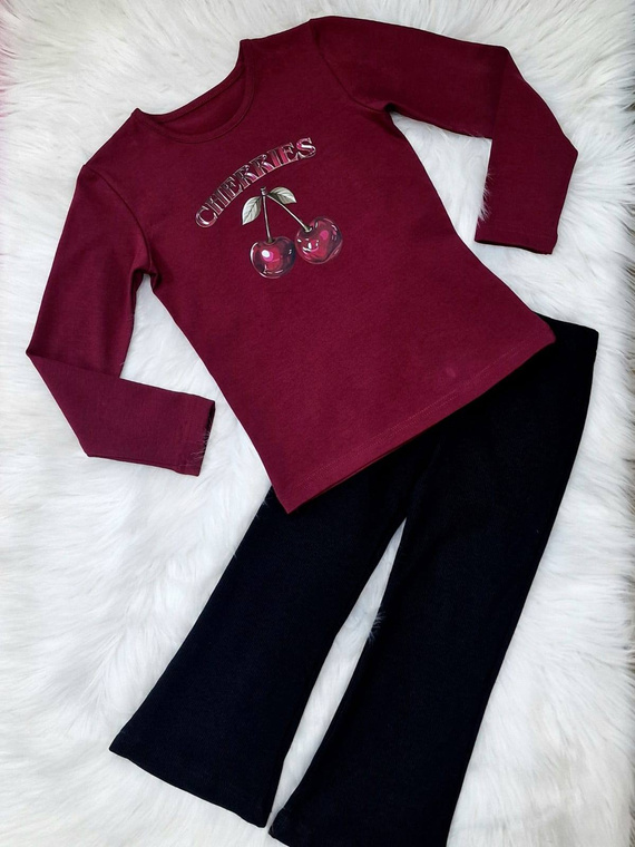 Bluză bordo din bumbac pentru fete, Cherries Bambarillo, cu mânecă lungă și imprimeu