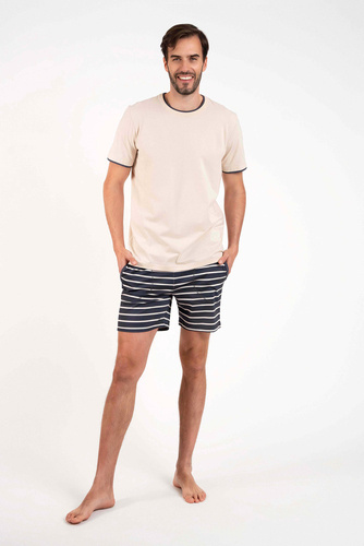 Lars Pijama cu mânecă scurtă pentru bărbați, pantaloni scurți Italian Fashion - imprimeu bej/grafit