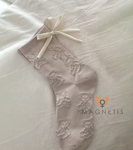 Șosete bej pentru femei Magnetis CO5020 - bumbac, jacquard cu motiv ursuleț de pluș