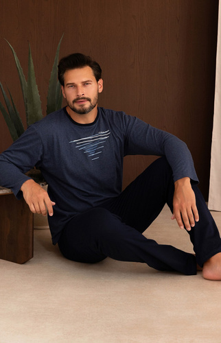 Pijamale bărbați Regina 6007 100% bumbac, lungă, cu imprimeu - bleumarin