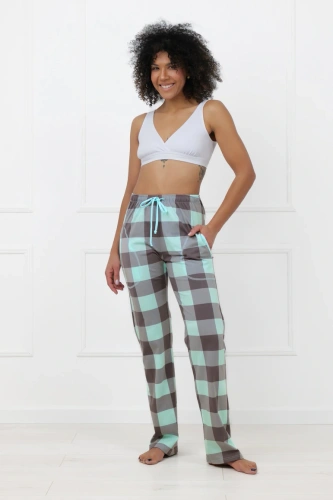 Pantaloni damă Sandra Italian Fashion din bumbac, lungi, în carouri, cu buzunare