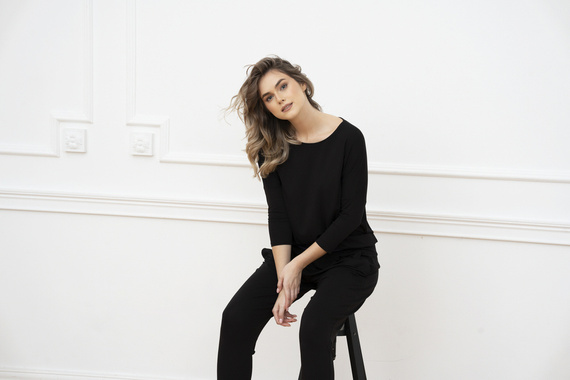 Stil Set cu mâneci 3/4 pentru femei, lungime.pantaloni de modă italiană negru